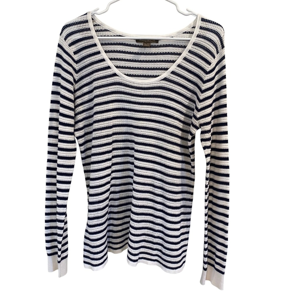 Tommy Bahama Womens XL Navy Blue White Striped Open Knit Scoop Neck Sweater